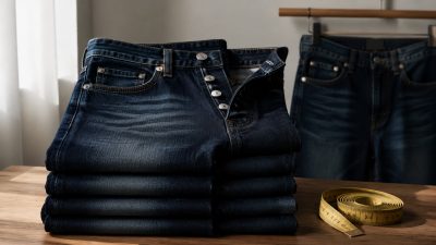 Neat stack of indigo jeans with tailor's tape on wood, soft light, muted indigo