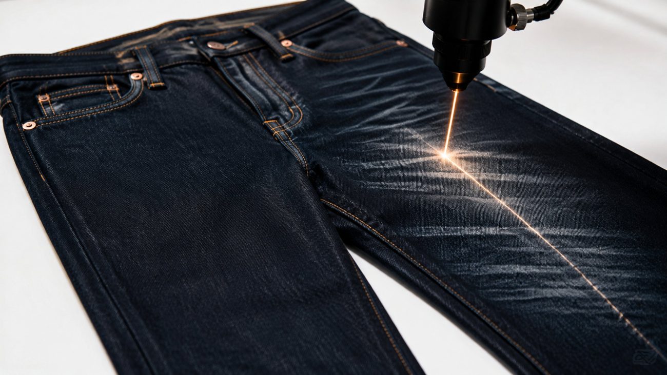 Industrial laser etching a fade pattern onto denim, soft natural light, muted indigo and black palette