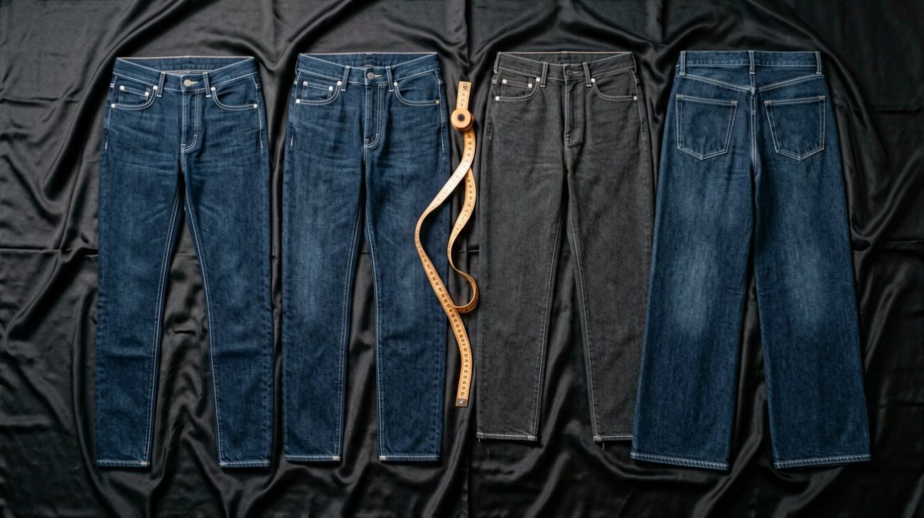 Neatly folded indigo jeans with a tailor's measuring tape on a wooden surface, soft natural light, minimalist