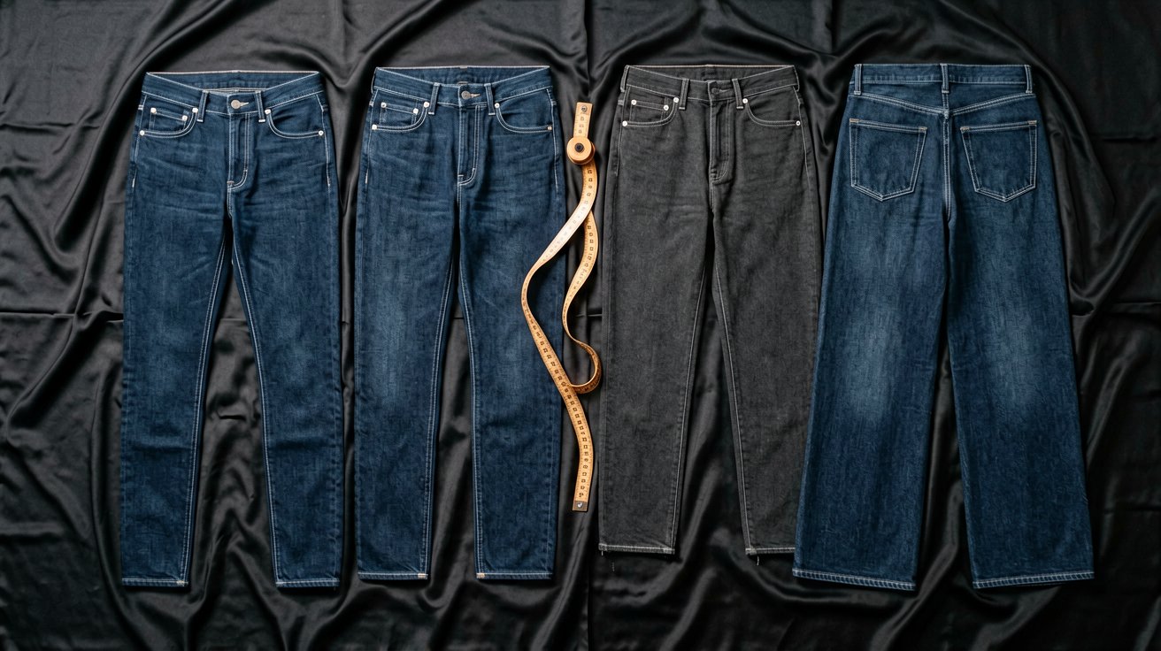 Neatly folded indigo jeans with a tailor's measuring tape on a wooden surface, soft natural light, minimalist