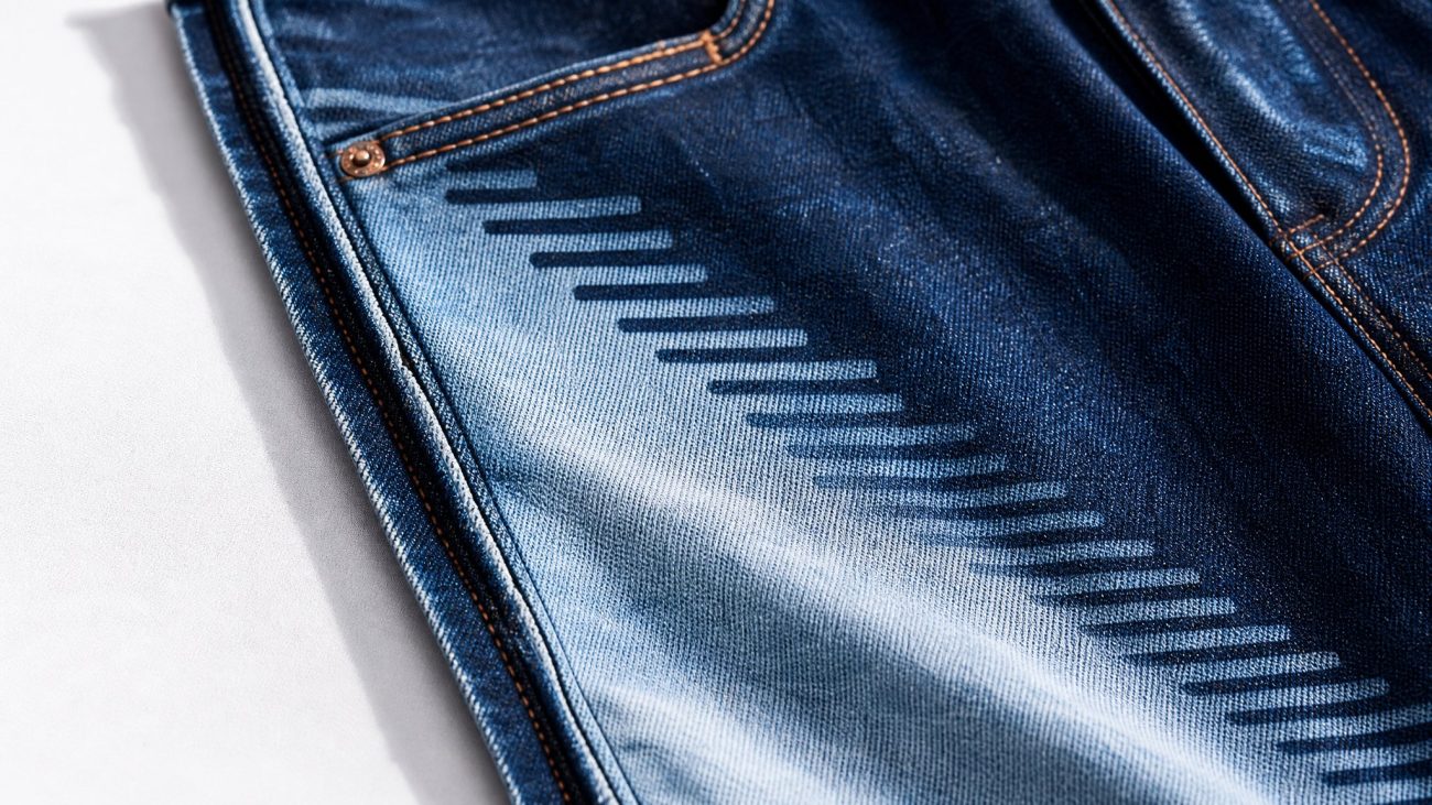 Neatly folded indigo jeans with tailor's measuring tape on a minimalist wood surface