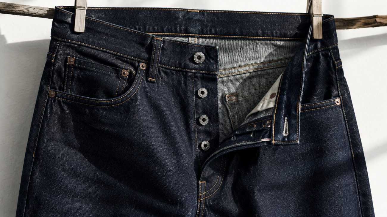 Denim jeans air-drying on a wooden clothesline in soft natural light, minimalist muted indigo tones