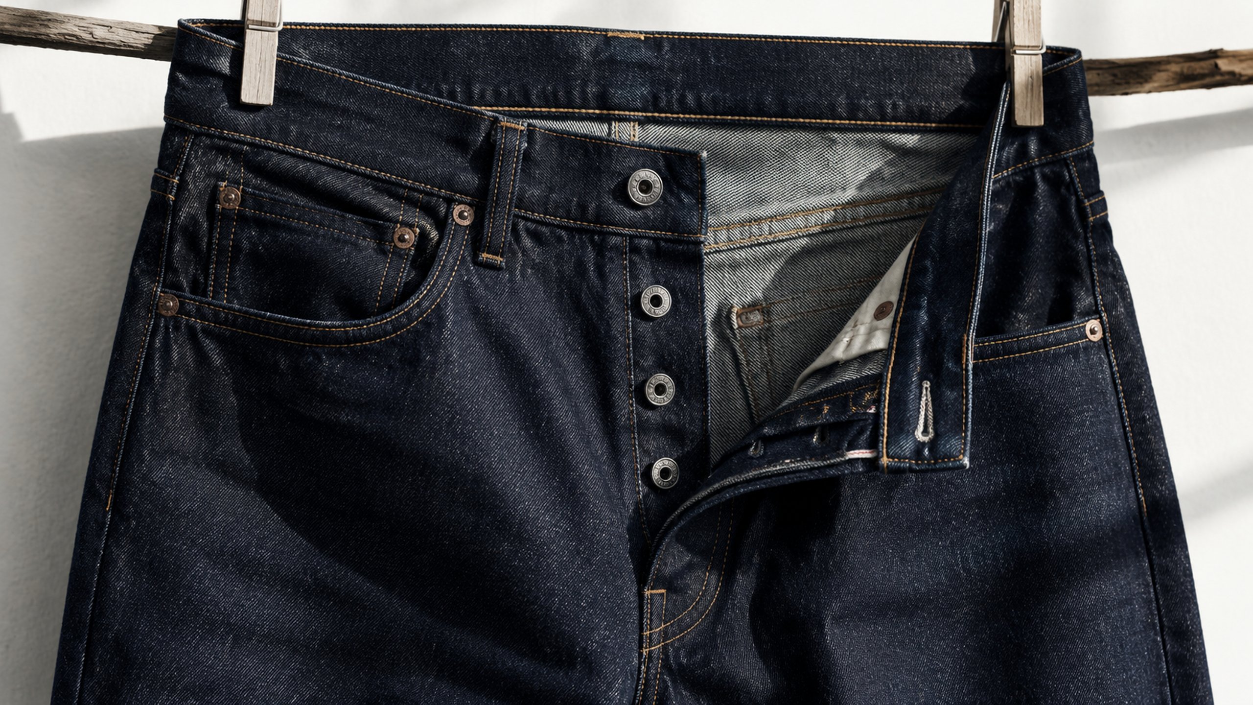 Denim jeans air-drying on a wooden clothesline in soft natural light, minimalist muted indigo tones