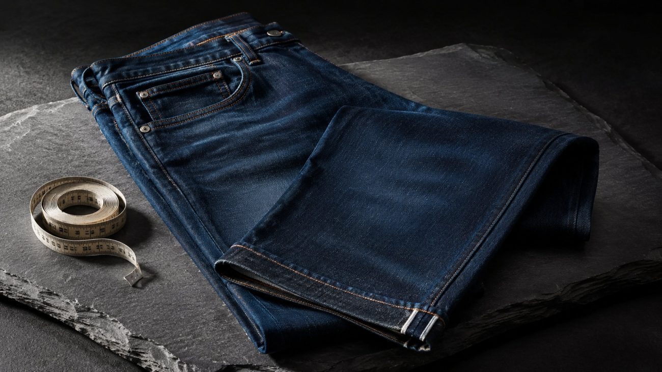 Neatly folded stack of indigo jeans with a tailor's measuring tape beside them on a wooden surface in soft natural light