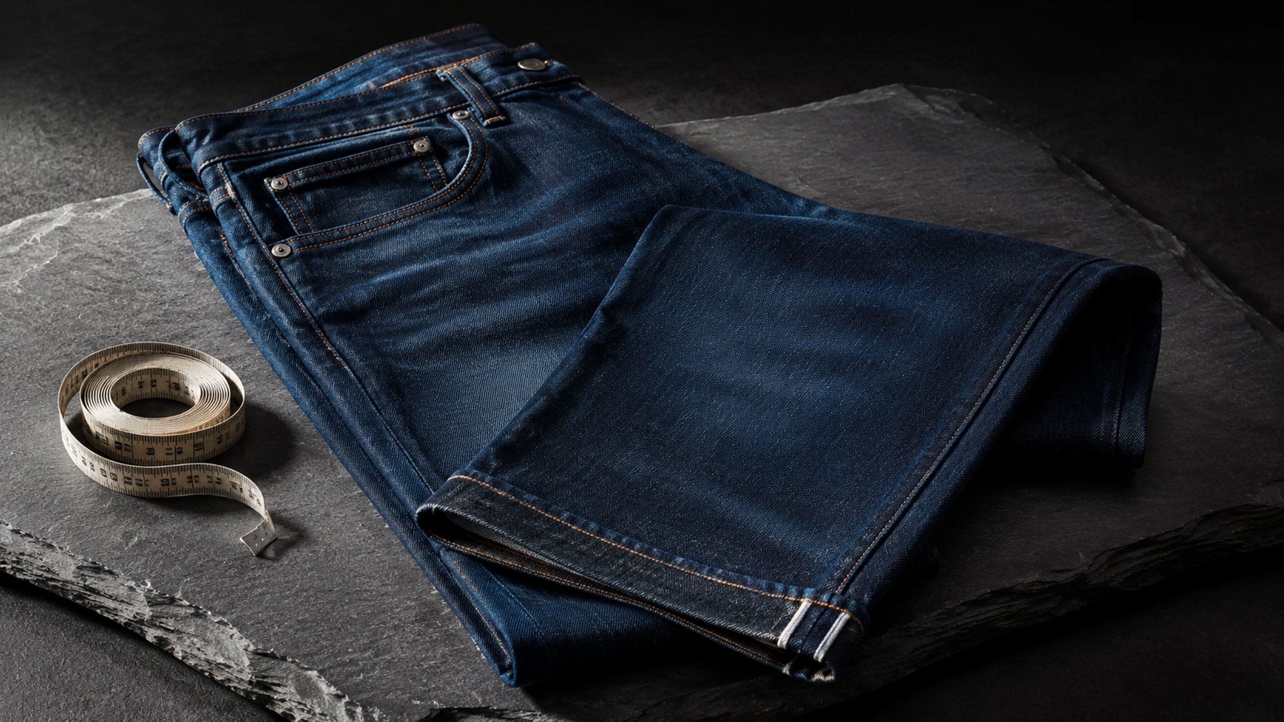 Neatly folded stack of indigo jeans with a tailor's measuring tape beside them on a wooden surface in soft natural light