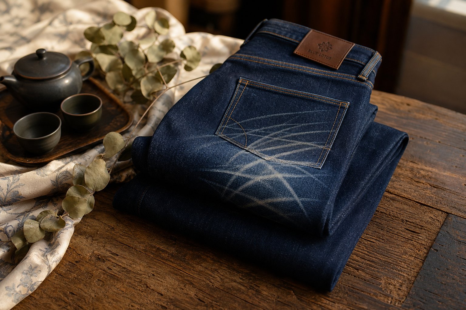 Industrial laser etching a precise fade pattern onto indigo denim, minimalist workshop with soft light