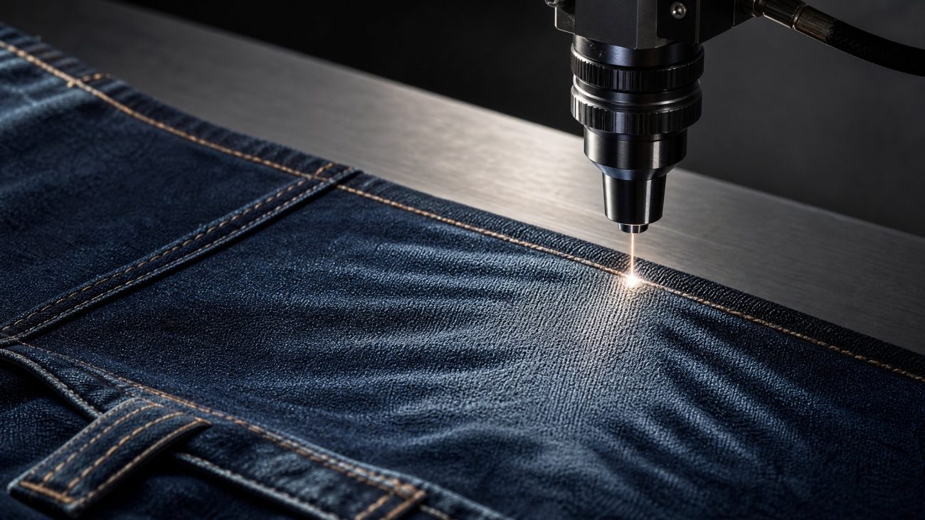 Industrial laser etching fade pattern onto indigo denim in clean workshop, soft natural light, minimalist muted palette