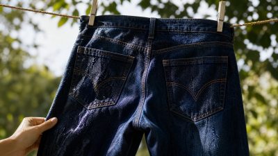 Indigo jeans air-drying on a wooden line, soft natural light, muted palette
