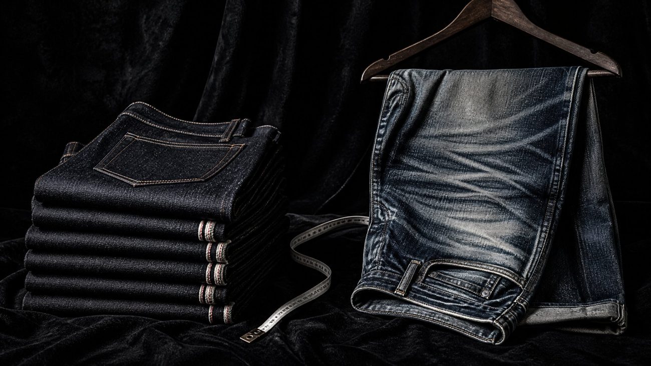Flat-lay of raw and washed indigo denim swatches with measuring tape, soft natural light