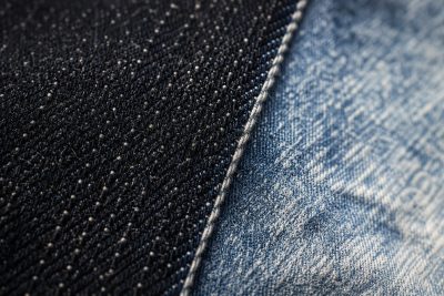 Flat-lay of neatly stacked indigo jeans beside a tailor's measuring tape, soft natural light, minimalist muted indigo palette