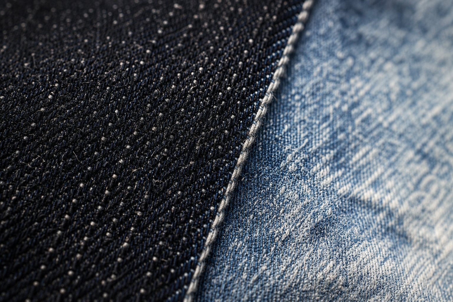 Flat-lay of neatly stacked indigo jeans beside a tailor's measuring tape, soft natural light, minimalist muted indigo palette