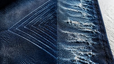 Close-up of indigo denim fabric with visible stitching and laser-faded texture, soft natural light, minimalist macro shot
