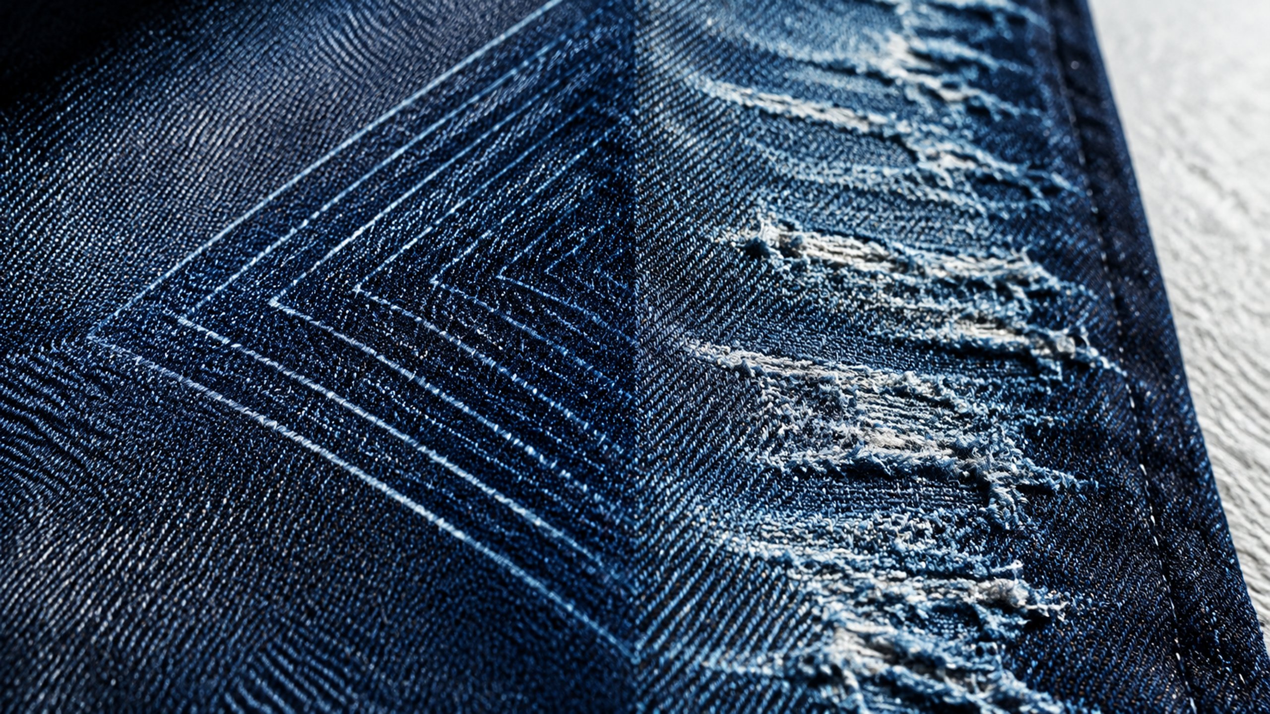 Close-up of indigo denim fabric with visible stitching and laser-faded texture, soft natural light, minimalist macro shot