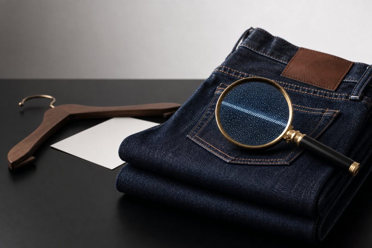 Close-up macro of indigo denim fabric with visible stitching and laser-faded texture, soft natural light, minimalist muted pa