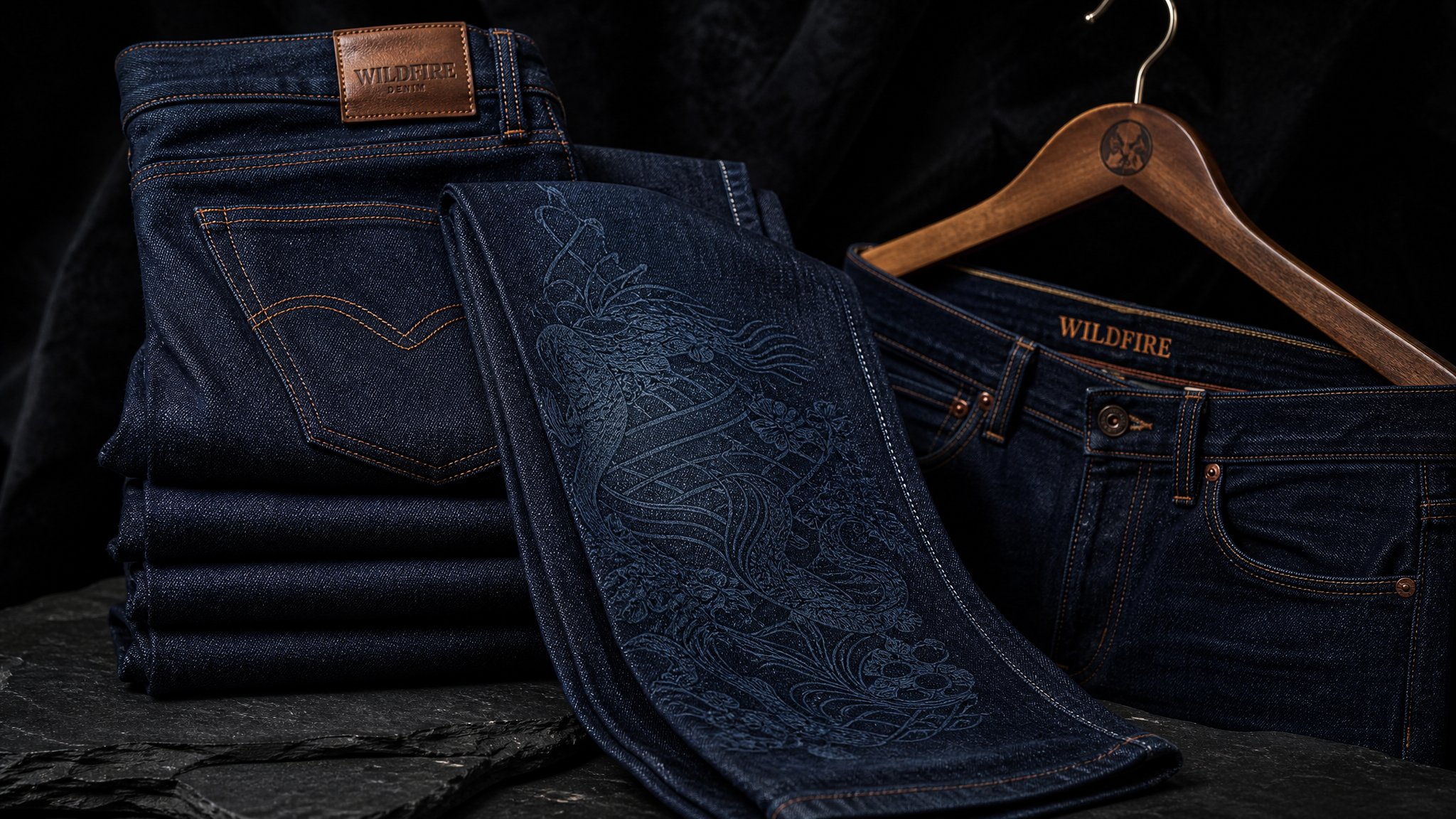 Neat stack of indigo jeans with tailor's tape on wooden surface, soft natural light, muted indigo and white palette
