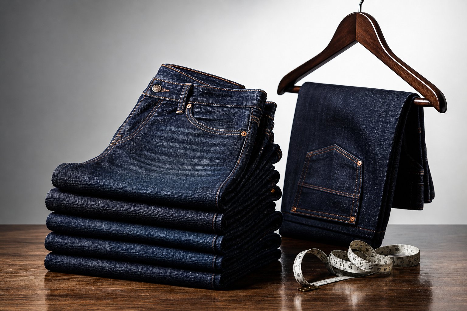 Industrial laser etching fade pattern onto denim, soft natural light, minimalist indigo and black palette