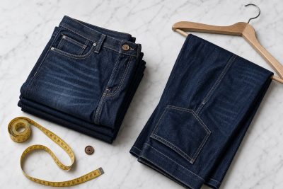 Industrial laser etching a fade pattern onto dark indigo denim, soft natural light, minimalist studio setting