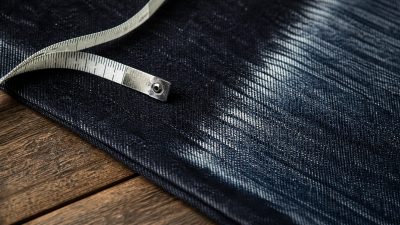 Industrial laser etching a fade pattern onto indigo denim, minimalist workshop setting, soft natural light, muted indigo and