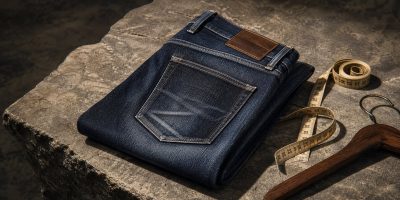 Close-up of laser etching fade pattern onto indigo denim, soft natural light, minimalist workshop