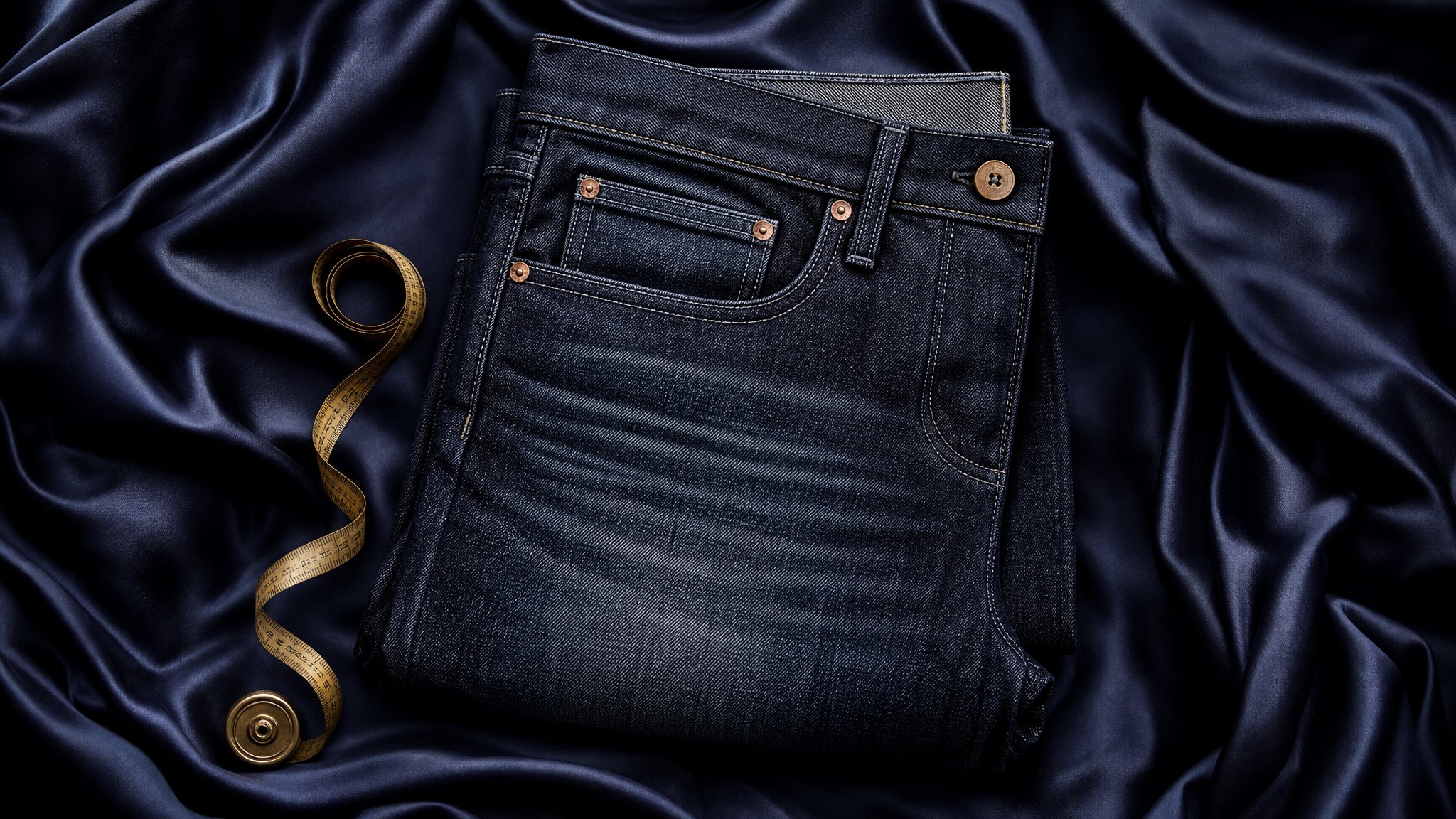 Macro of laser etching fade pattern into indigo denim fabric, precise burnt lines, soft natural light, minimalist