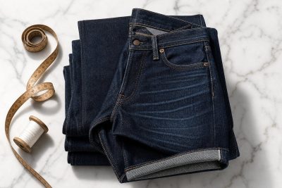 Industrial laser etching indigo denim with precision fade patterns in clean workshop