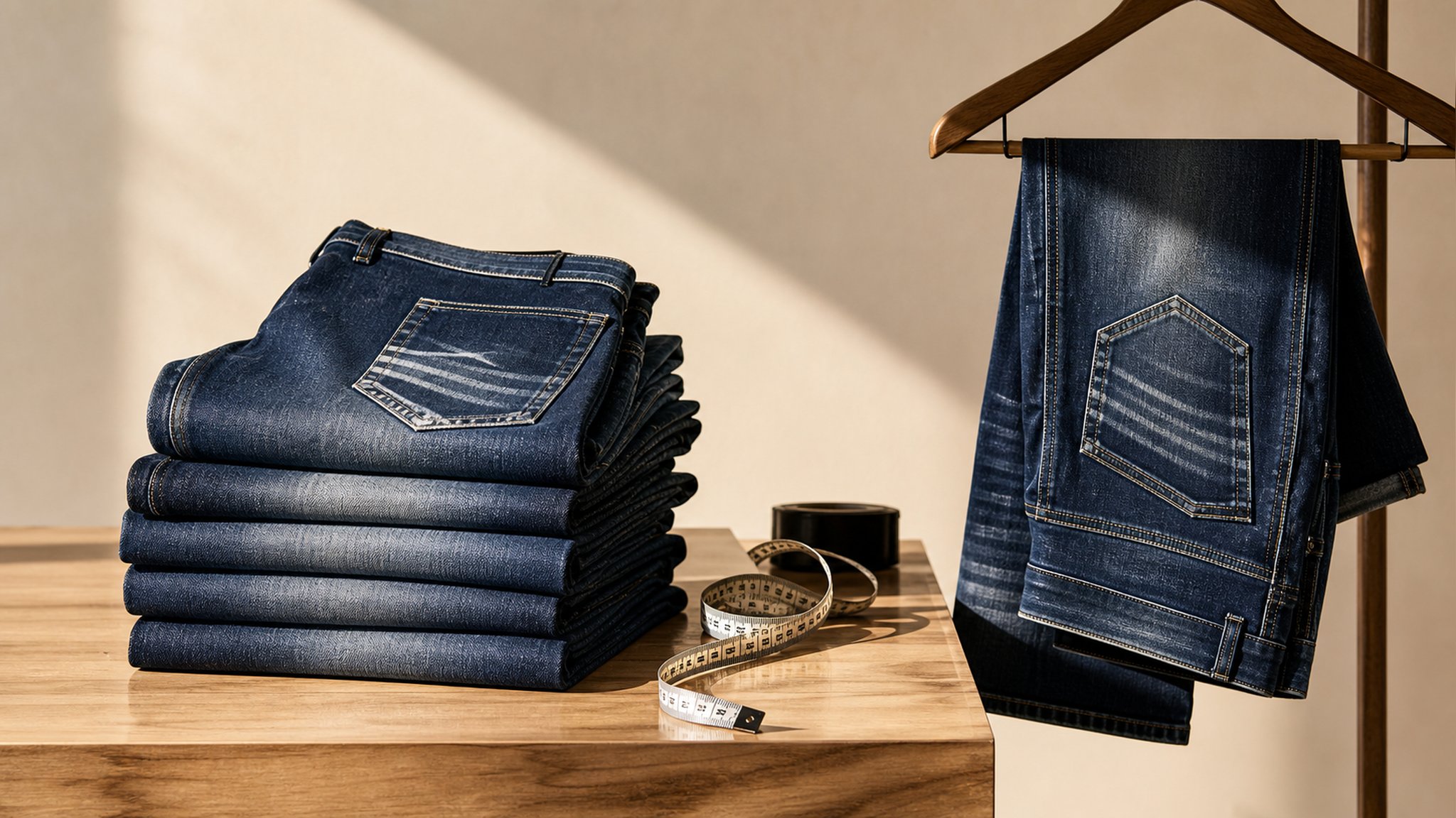 Jeans air-drying on a wooden clothesline, soft natural light, muted indigo and white tones