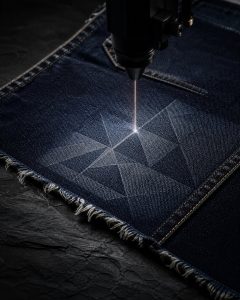 Industrial laser etching fade pattern onto denim in clean eco finishing workshop, soft light, muted indigo tones