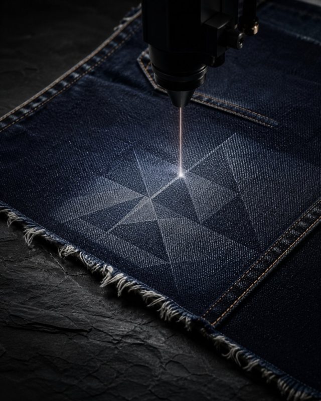 Industrial laser etching fade pattern onto denim in clean eco finishing workshop, soft light, muted indigo tones
