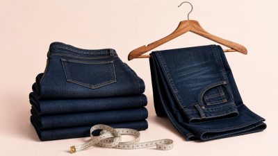 Indigo jeans air-drying on a wooden clothesline in soft natural light, minimalist setting