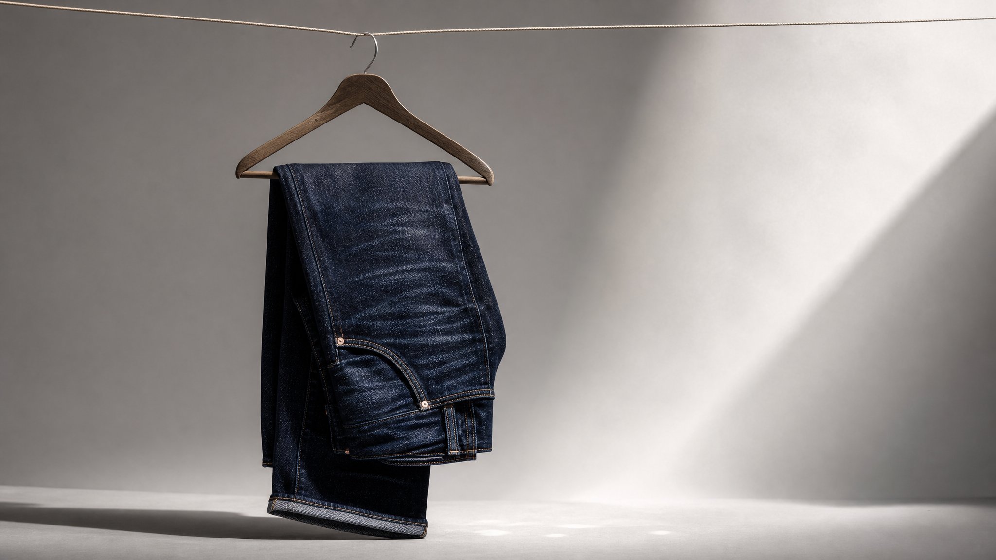 Indigo jeans air-drying on a wooden clothesline, soft natural light, minimalist care scene
