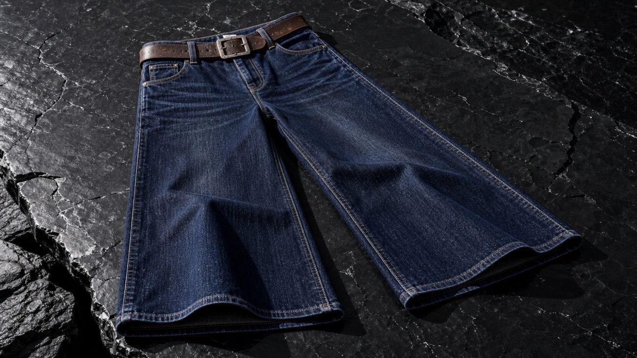 Neatly folded stack of dark indigo wide-leg jeans beside wooden hanger and tailor's measuring tape on a clean minimalist surf