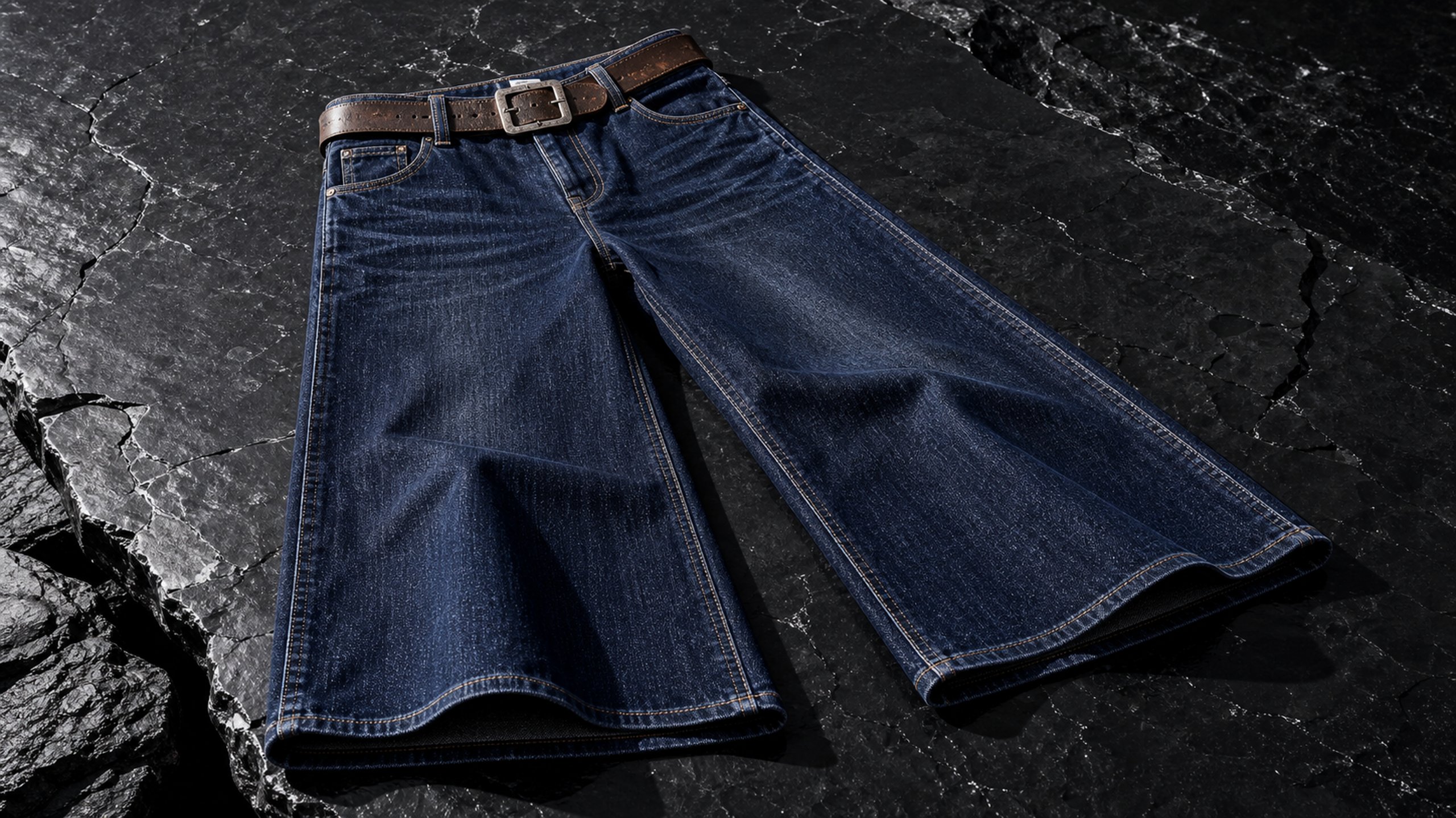Neatly folded stack of dark indigo wide-leg jeans beside wooden hanger and tailor's measuring tape on a clean minimalist surf