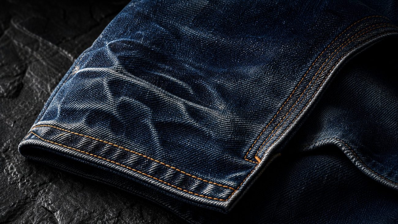 Industrial laser etching a fade pattern onto indigo denim in a clean workshop, soft natural light, minimalist palette