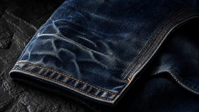 Industrial laser etching a fade pattern onto indigo denim in a clean workshop, soft natural light, minimalist palette