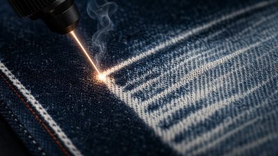 Industrial laser etching a fade pattern onto indigo denim, soft natural light, minimalist composition
