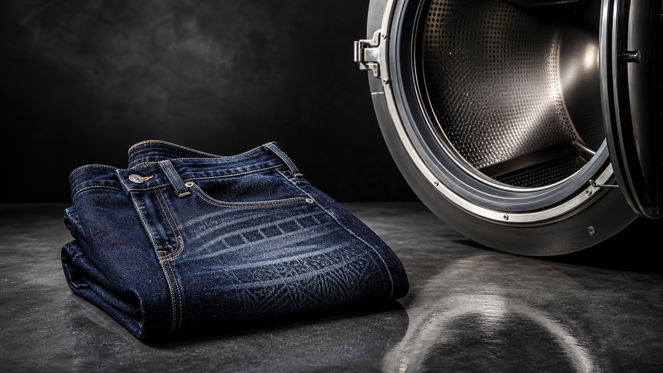 Industrial laser etching fade pattern onto denim in clean workshop, soft natural light, indigo tones