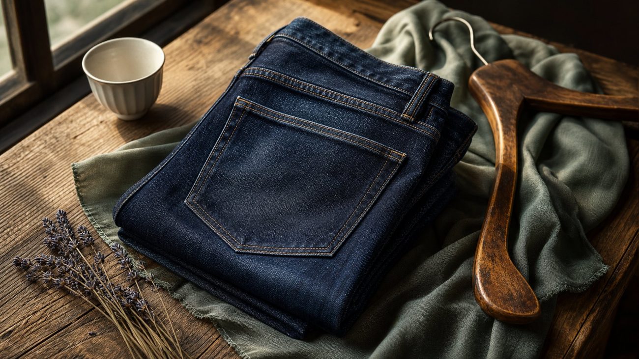 Flat-lay of neatly folded indigo jeans with tailor's measuring tape, soft natural light, minimalist muted palette