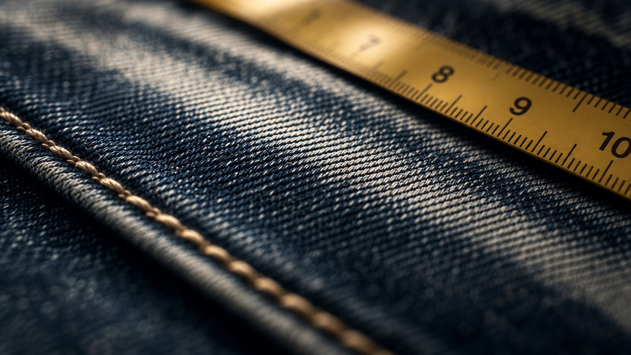 Neatly folded indigo jeans beside tailor’s measuring tape on wood, soft natural light, minimalist