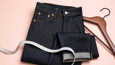 Neatly folded raw dark indigo and washed blue denim jeans with tailor's tape, soft natural light, minimalist