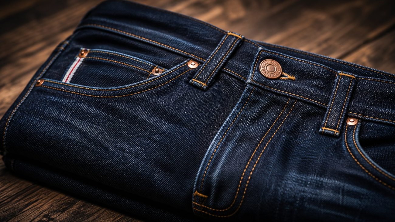 Macro of indigo denim fabric detail, visible stitching and laser-faded texture, muted indigo palette, soft natural light