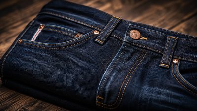 Macro of indigo denim fabric detail, visible stitching and laser-faded texture, muted indigo palette, soft natural light