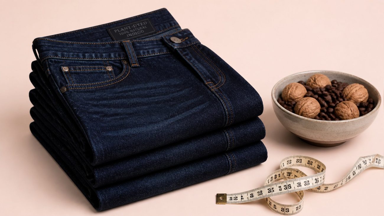 Neatly folded stack of indigo jeans and a wooden hanger on a minimalist surface, with a tailor's measuring tape draped beside