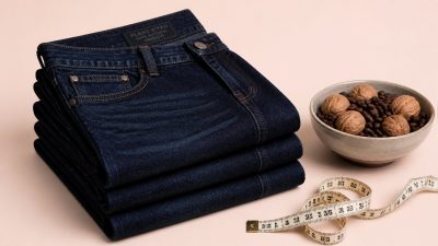 Neatly folded stack of indigo jeans and a wooden hanger on a minimalist surface, with a tailor's measuring tape draped beside