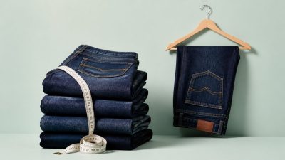 Neatly folded stack of indigo jeans with tailor tape on wooden surface in soft light