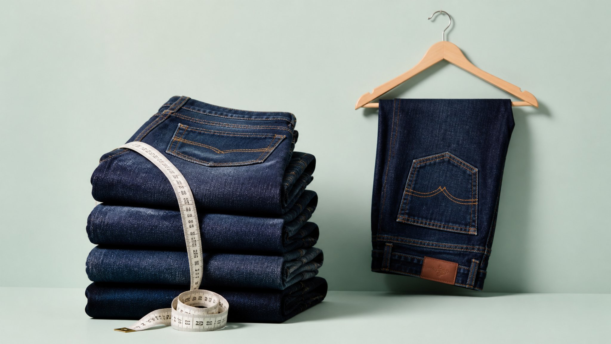Neatly folded stack of indigo jeans with tailor tape on wooden surface in soft light