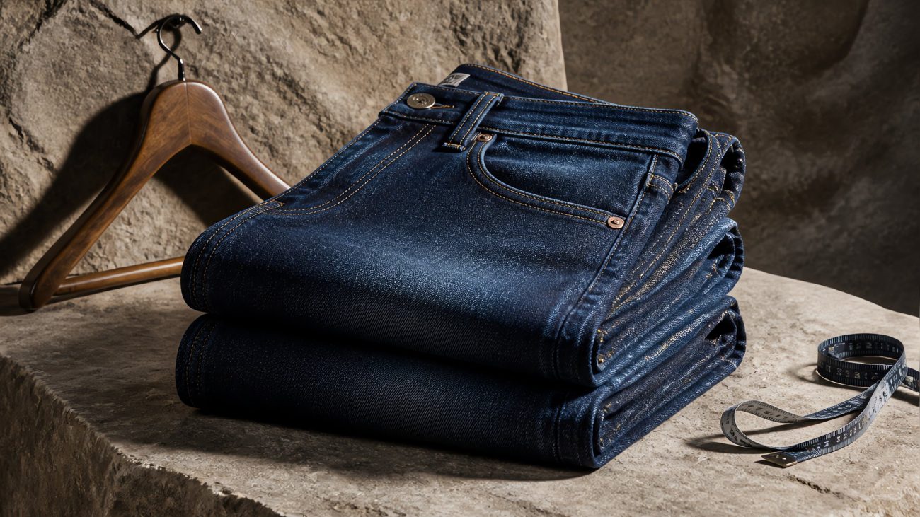 Stack of indigo jeans on wooden hanger beside folded denim and measuring tape in soft natural light