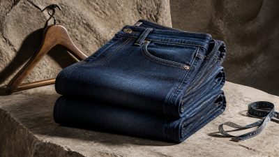 Stack of indigo jeans on wooden hanger beside folded denim and measuring tape in soft natural light