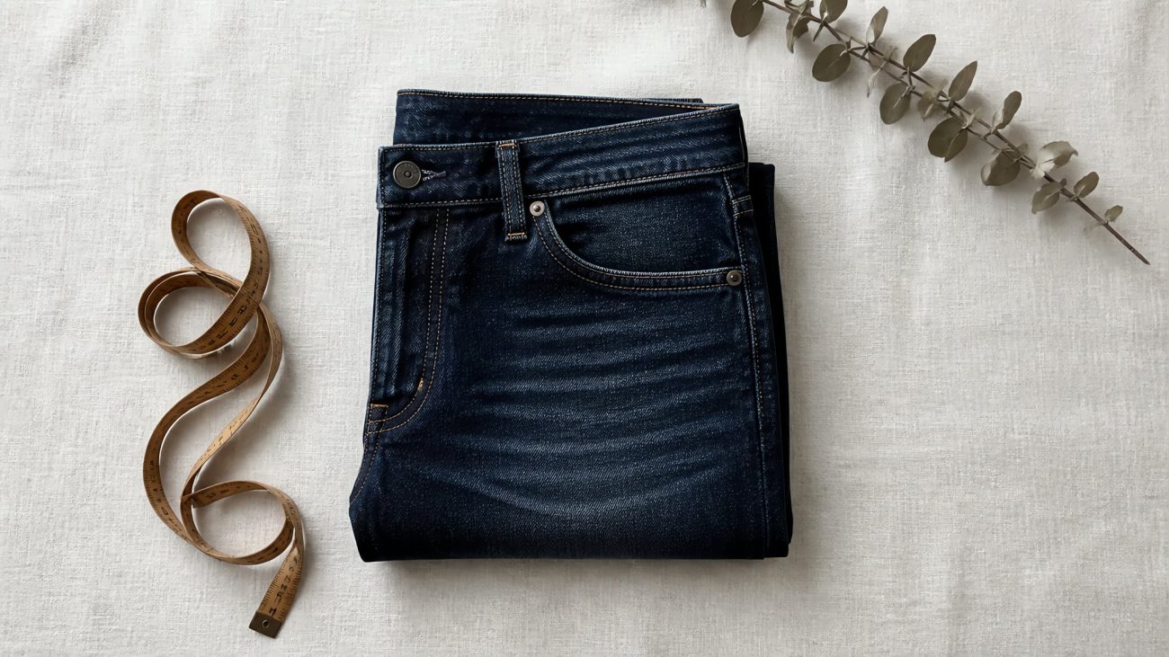 Stack of neatly folded indigo jeans beside a wooden hanger and tailor tape on light surface, soft natural light