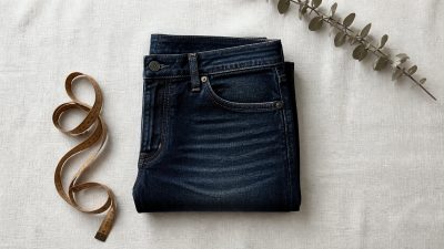 Stack of neatly folded indigo jeans beside a wooden hanger and tailor tape on light surface, soft natural light