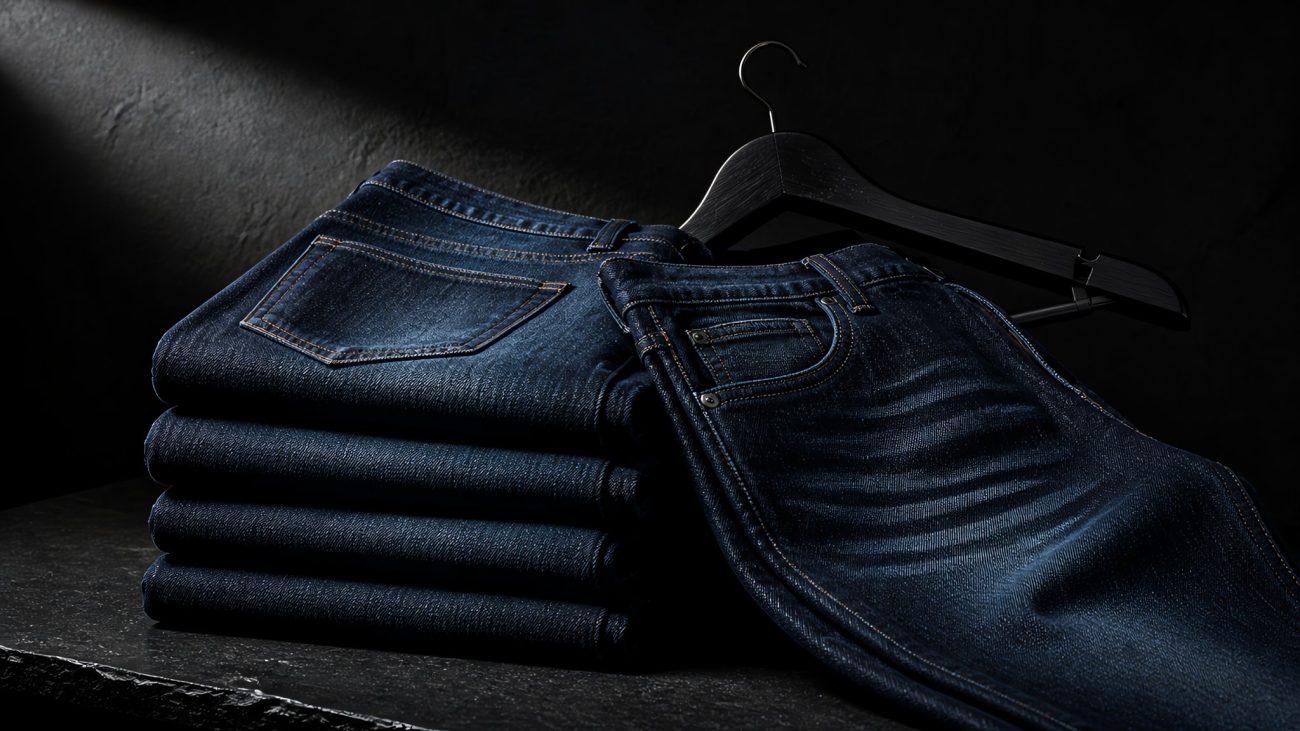 Stack of neatly folded indigo jeans beside a wooden hanger on a light surface with a tailor's measuring tape